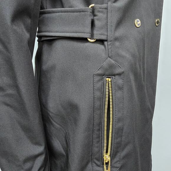 NWOT Via Spiga Hooded Trench Coat Raincoat Black Animal Print Faux Fur Lining M - Picture 11 of 16